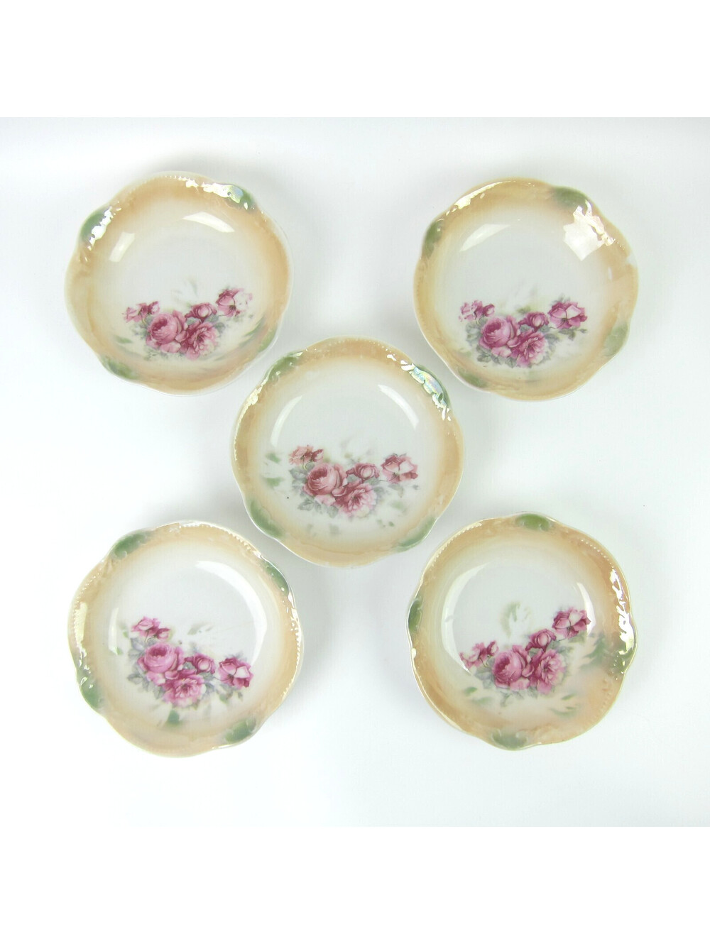 5 Antique Porcelain Bowls Lusterware Roses Pink Green Three Crown China Germany